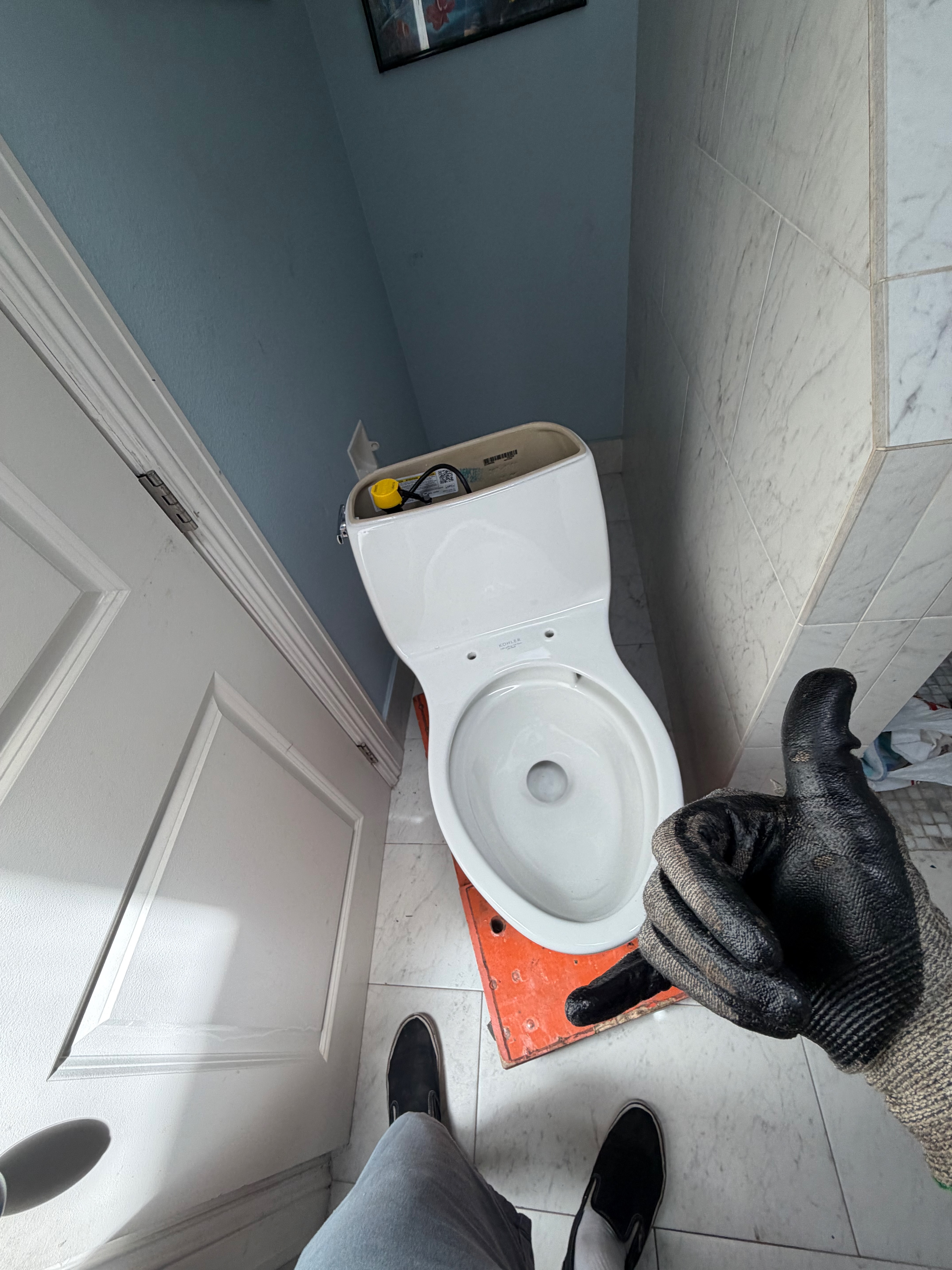New toilet prepped and ready to set
